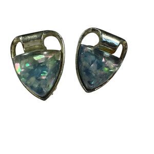 VTG Coro Moonglow Thermoset Blue Confetti Shield Silver Tone Clip On Earrings